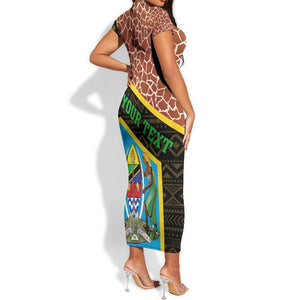 Tanzania Union Day 2024 Short Sleeve Bodycon Dress Uhuru na Umoja Giraffe Pattern