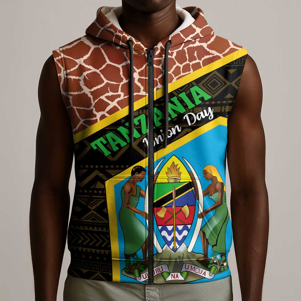 Tanzania Union Day 2024 Sleeveless Zip Hoodie Uhuru na Umoja Giraffe Pattern - African Pride