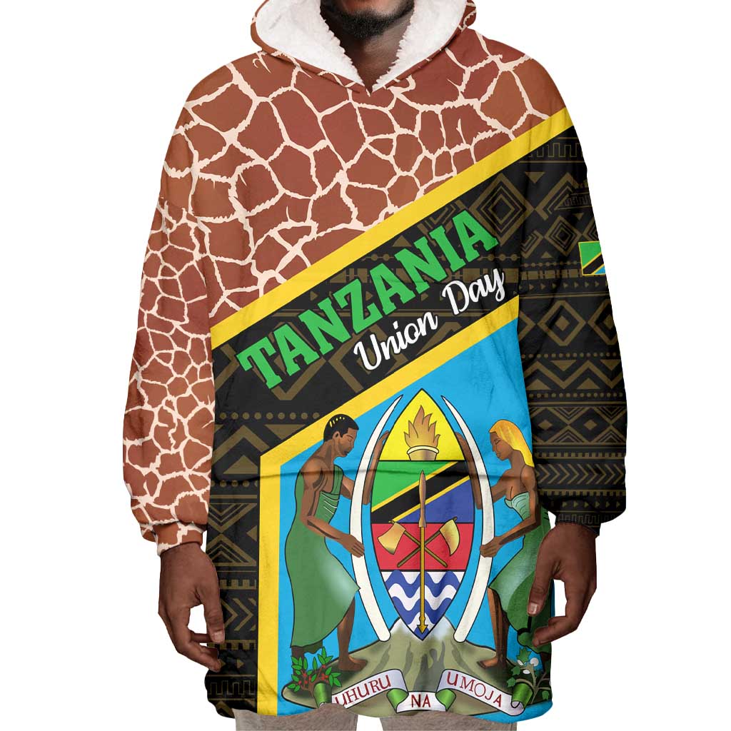 Tanzania Union Day 2024 Wearable Blanket Hoodie Uhuru na Umoja Giraffe Pattern