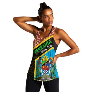 Tanzania Union Day 2024 Women Racerback Tank Uhuru na Umoja Giraffe Pattern