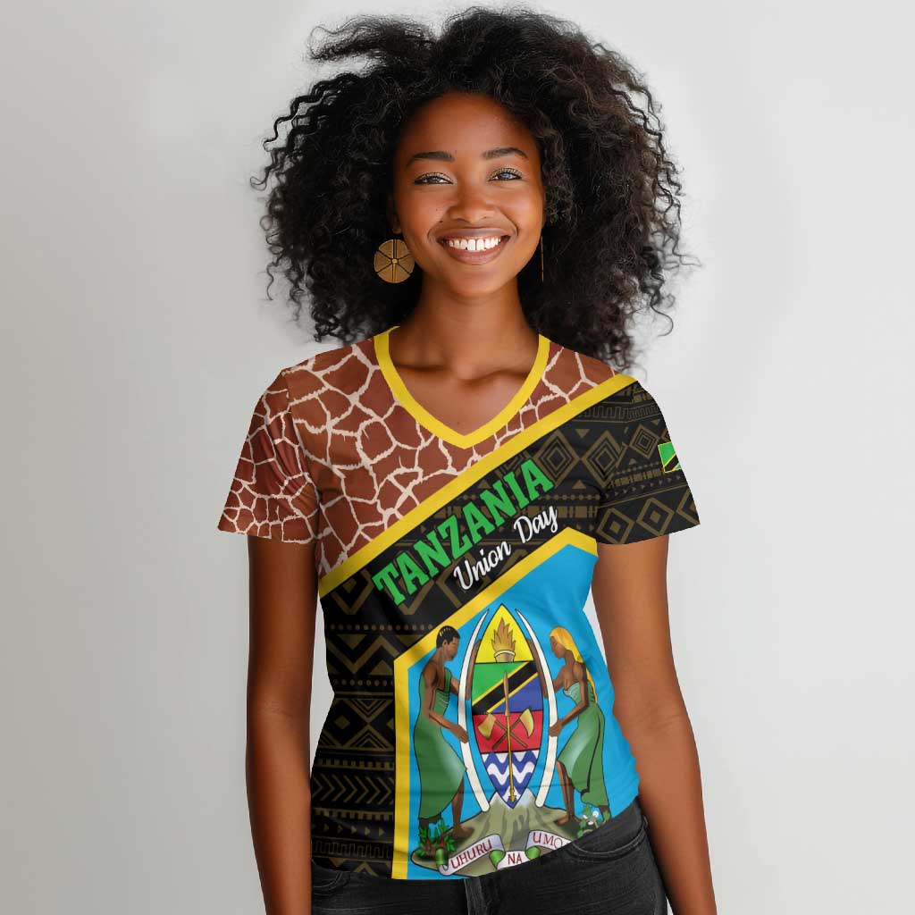 Tanzania Union Day 2024 Women V-Neck T-Shirt Uhuru na Umoja Giraffe Pattern