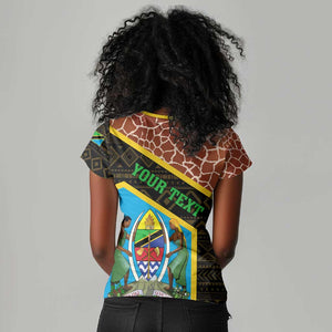 Tanzania Union Day 2024 Women V-Neck T-Shirt Uhuru na Umoja Giraffe Pattern