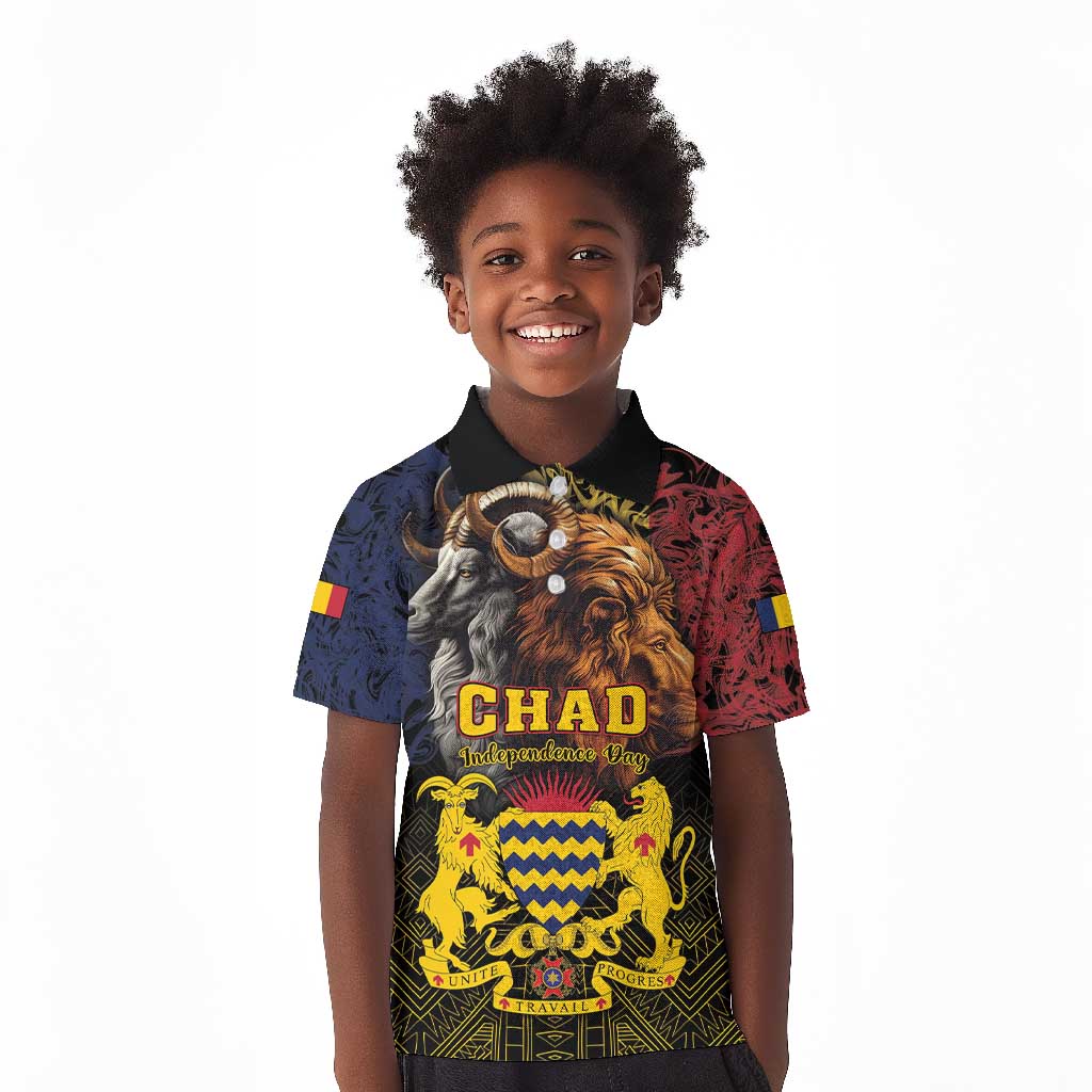 Chad Independence Day 1960 Kid Polo Shirt Tchad Goat and Lion African Pattern