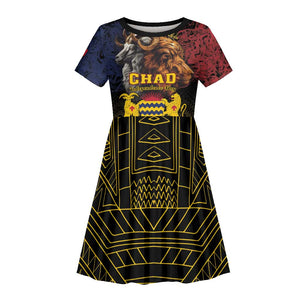 Chad Independence Day 1960 Kid Short Sleeve Dress Tchad Goat and Lion African Pattern