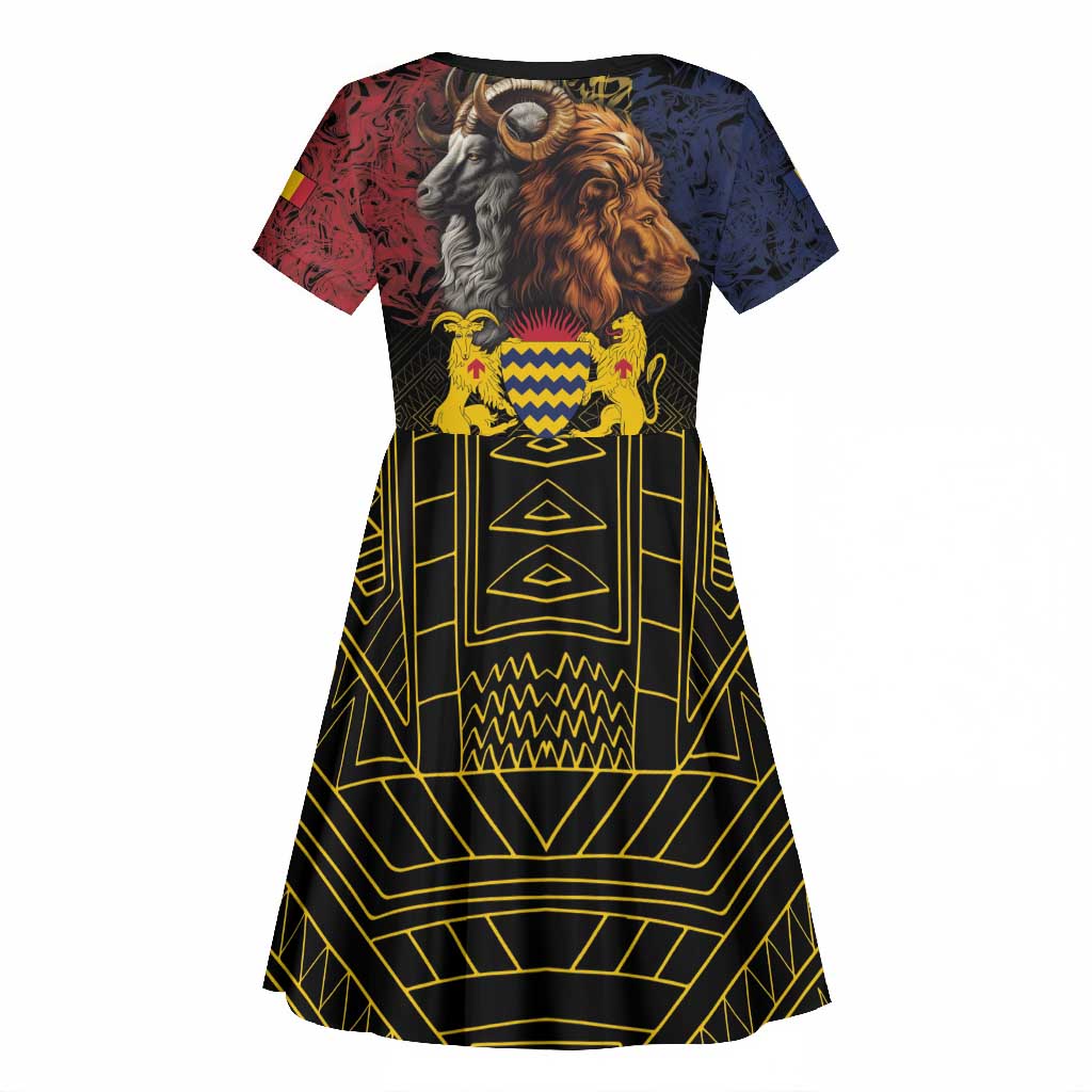 Chad Independence Day 1960 Kid Short Sleeve Dress Tchad Goat and Lion African Pattern