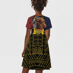 Chad Independence Day 1960 Kid Short Sleeve Dress Tchad Goat and Lion African Pattern