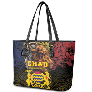 Chad Independence Day 1960 Leather Tote Bag Tchad Goat and Lion African Pattern