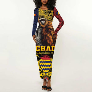 Chad Independence Day 1960 Long Sleeve Bodycon Dress Tchad Goat and Lion African Pattern