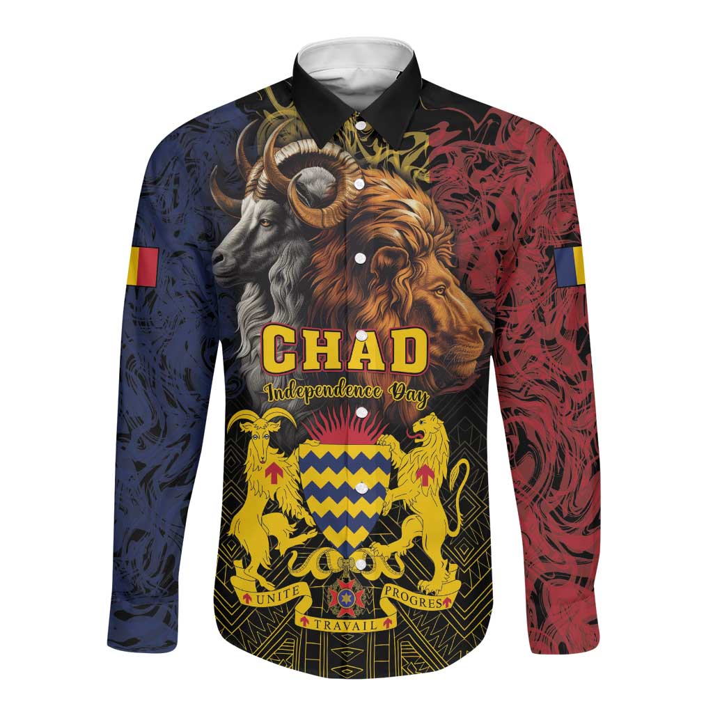 Chad Independence Day 1960 Long Sleeve Button Shirt Tchad Goat and Lion African Pattern