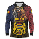 Chad Independence Day 1960 Long Sleeve Polo Shirt Tchad Goat and Lion African Pattern