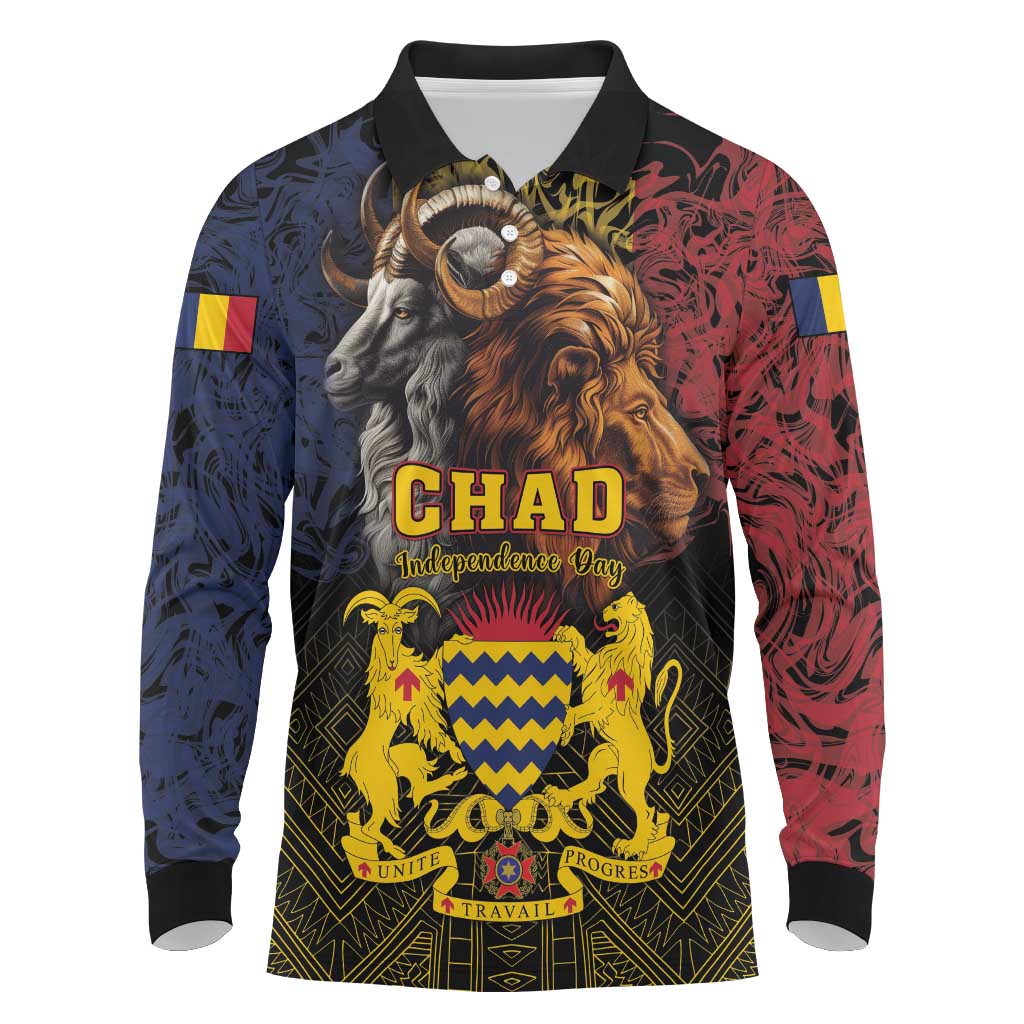 Chad Independence Day 1960 Long Sleeve Polo Shirt Tchad Goat and Lion African Pattern