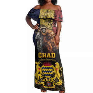 Chad Independence Day 1960 Off Shoulder Maxi Dress Tchad Goat and Lion African Pattern