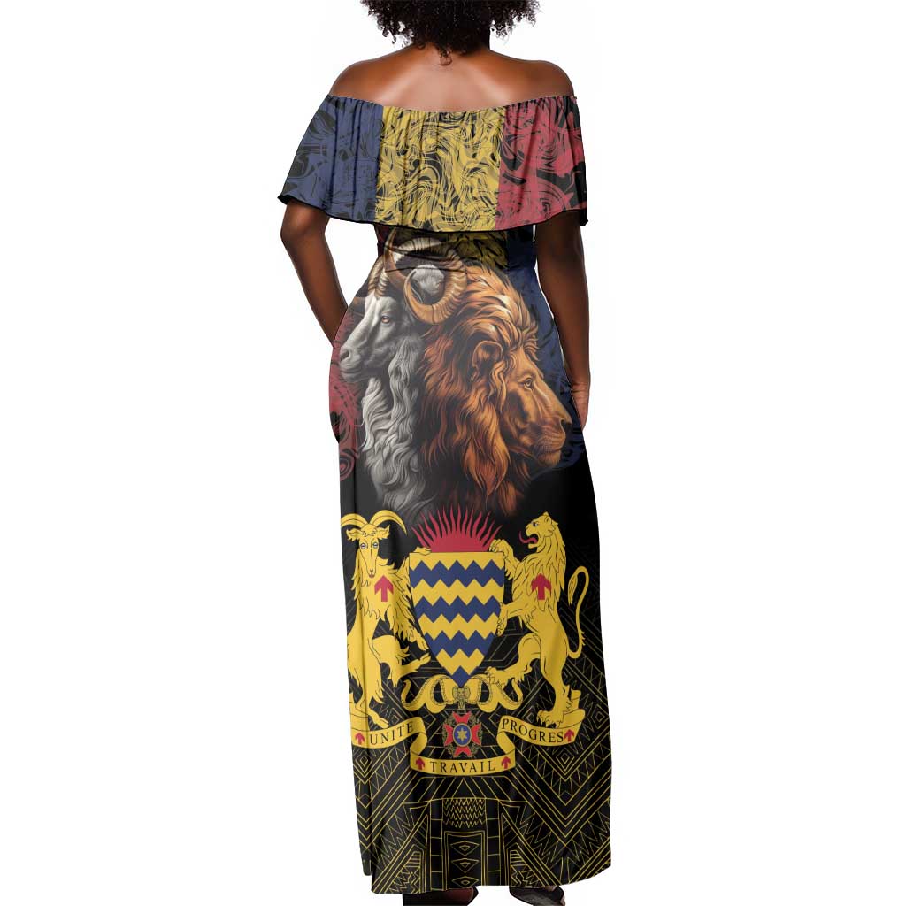 Chad Independence Day 1960 Off Shoulder Maxi Dress Tchad Goat and Lion African Pattern
