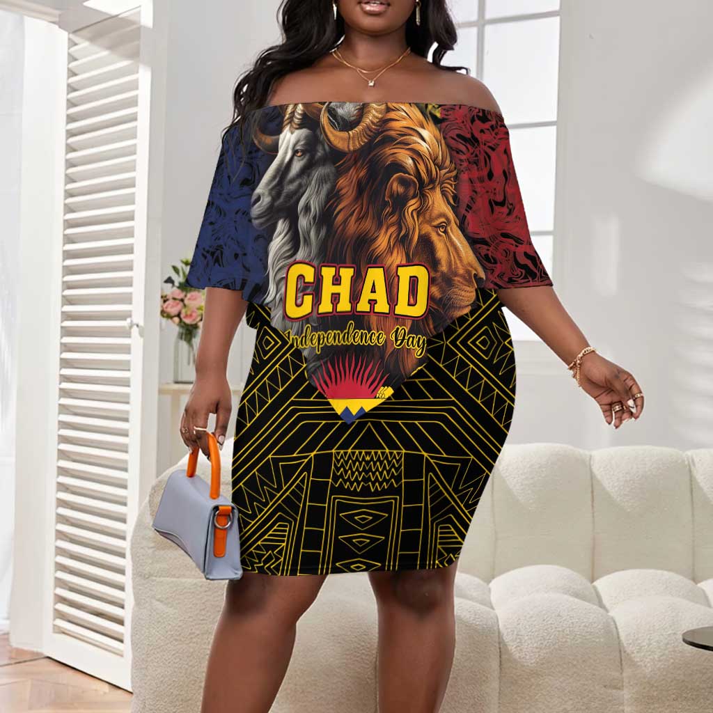 Chad Independence Day 1960 Off Shoulder Short Dress Tchad Goat and Lion African Pattern