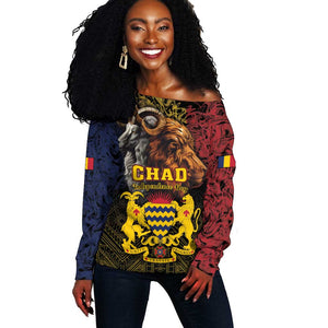 Chad Independence Day 1960 Off Shoulder Sweater Tchad Goat and Lion African Pattern