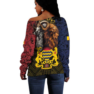 Chad Independence Day 1960 Off Shoulder Sweater Tchad Goat and Lion African Pattern