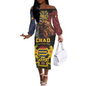 Chad Independence Day 1960 Off The Shoulder Long Sleeve Dress Tchad Goat and Lion African Pattern