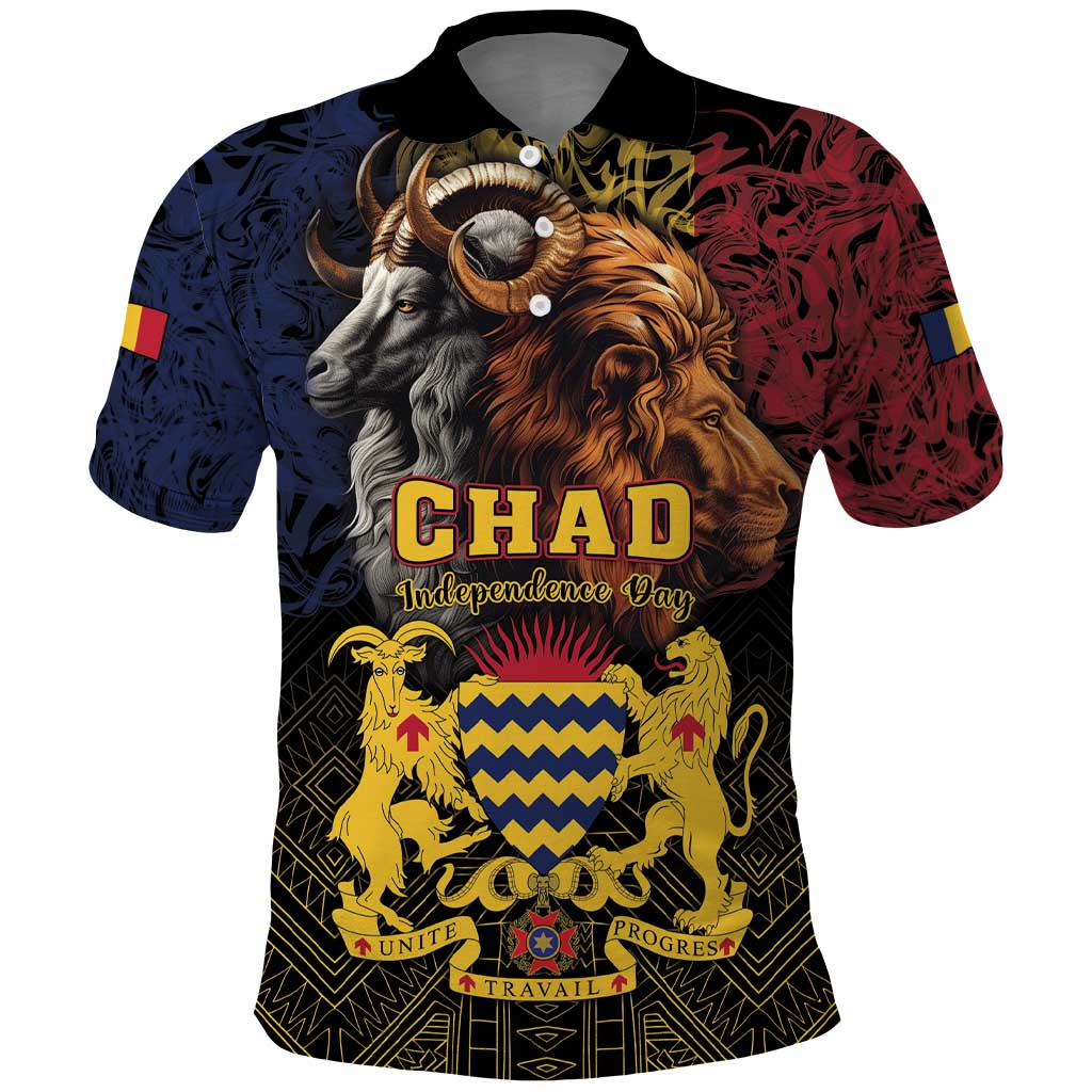 Chad Independence Day 1960 Polo Shirt Tchad Goat and Lion African Pattern