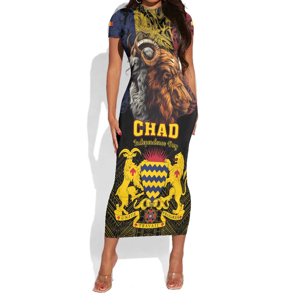 Chad Independence Day 1960 Short Sleeve Bodycon Dress Tchad Goat and Lion African Pattern