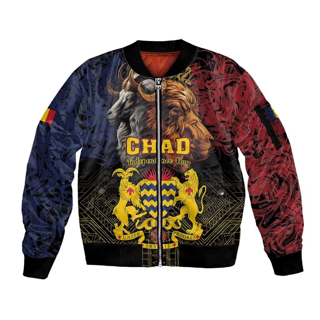 Chad Independence Day 1960 Sleeve Zip Bomber Jacket Tchad Goat and Lion African Pattern