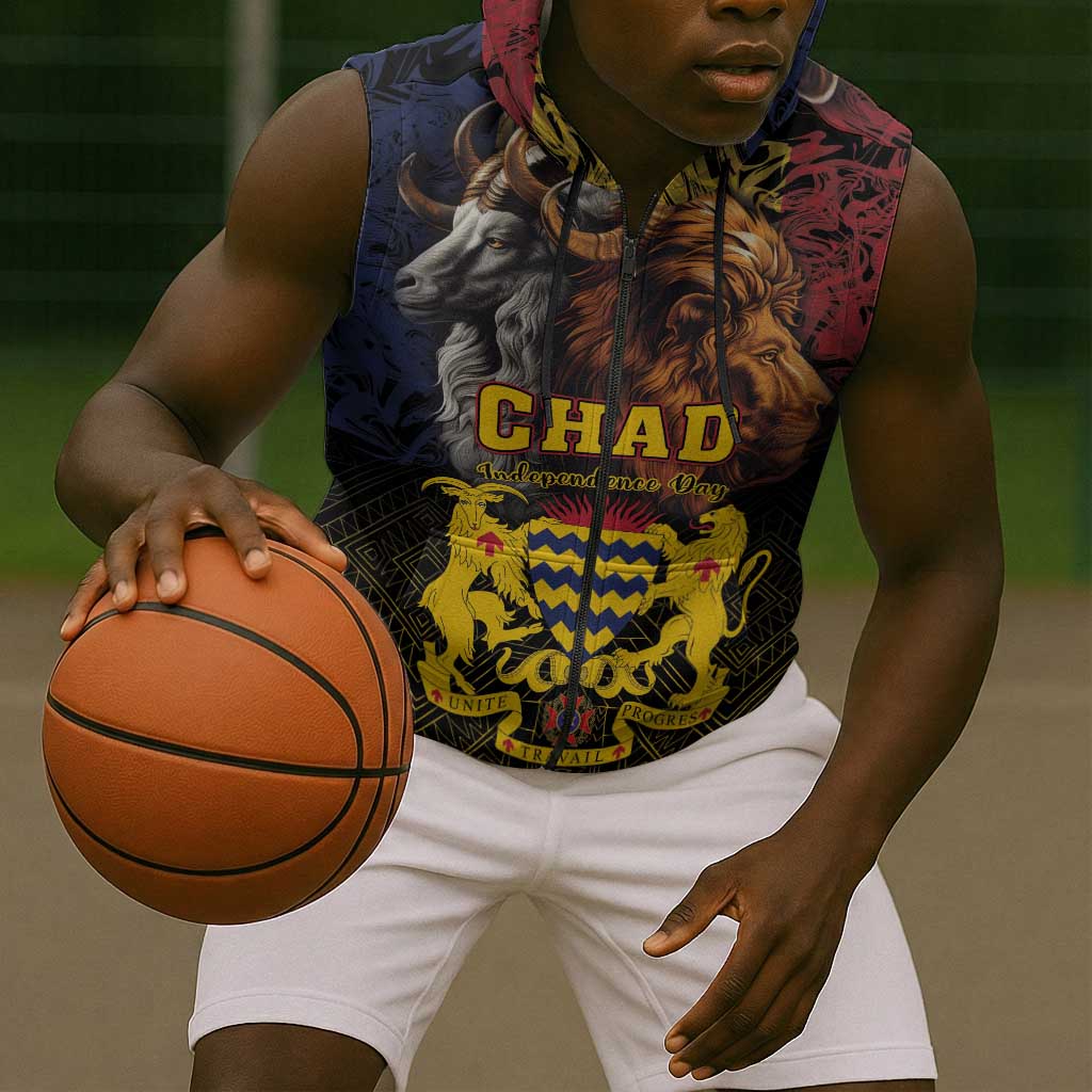 Chad Independence Day 1960 Sleeveless Zip Hoodie Tchad Goat and Lion African Pattern - African Pride