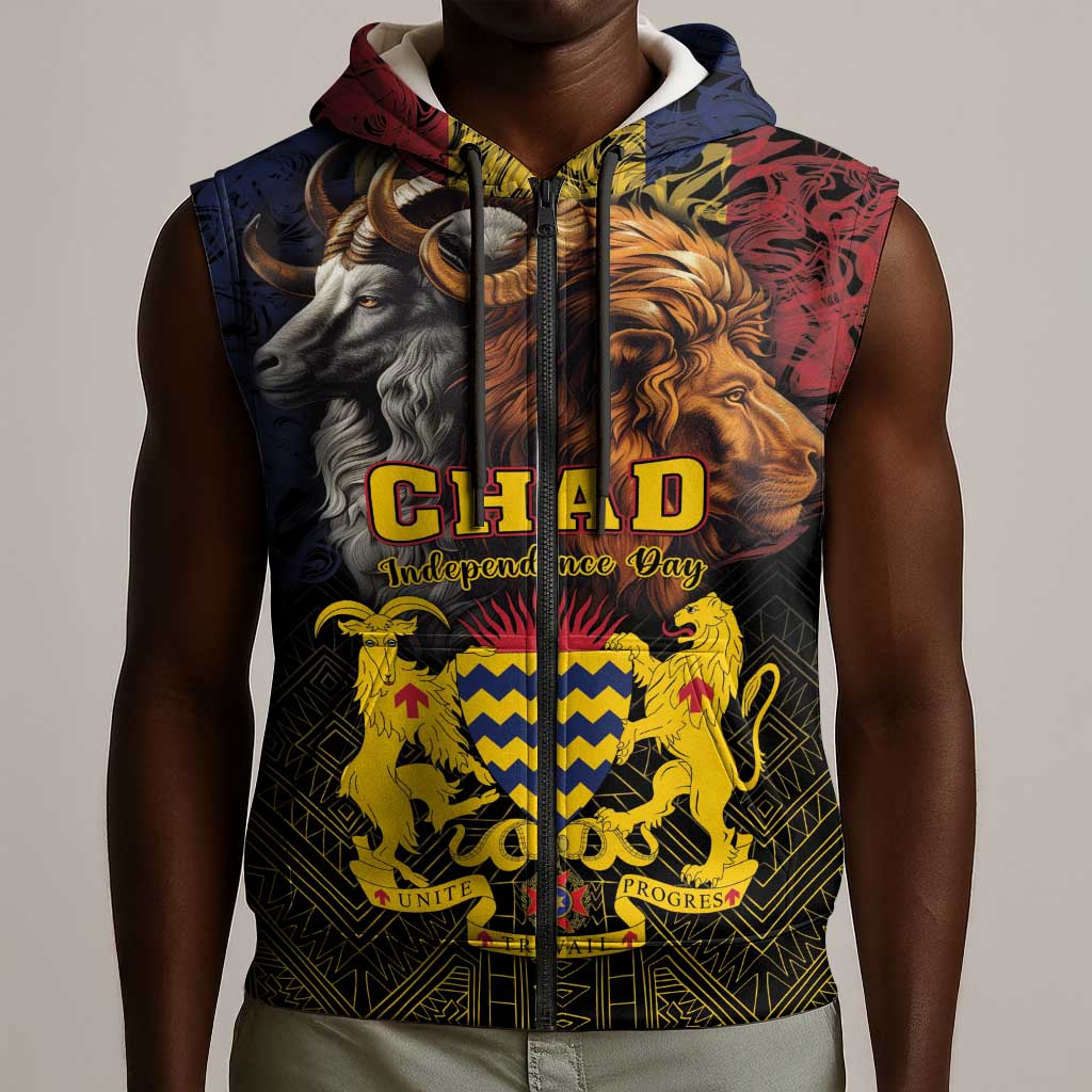 Chad Independence Day 1960 Sleeveless Zip Hoodie Tchad Goat and Lion African Pattern - African Pride