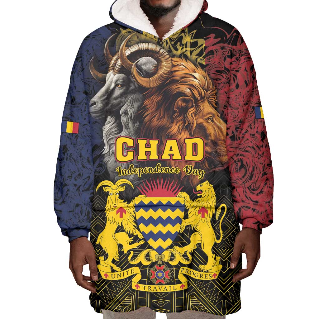 Chad Independence Day 1960 Wearable Blanket Hoodie Tchad Goat and Lion African Pattern