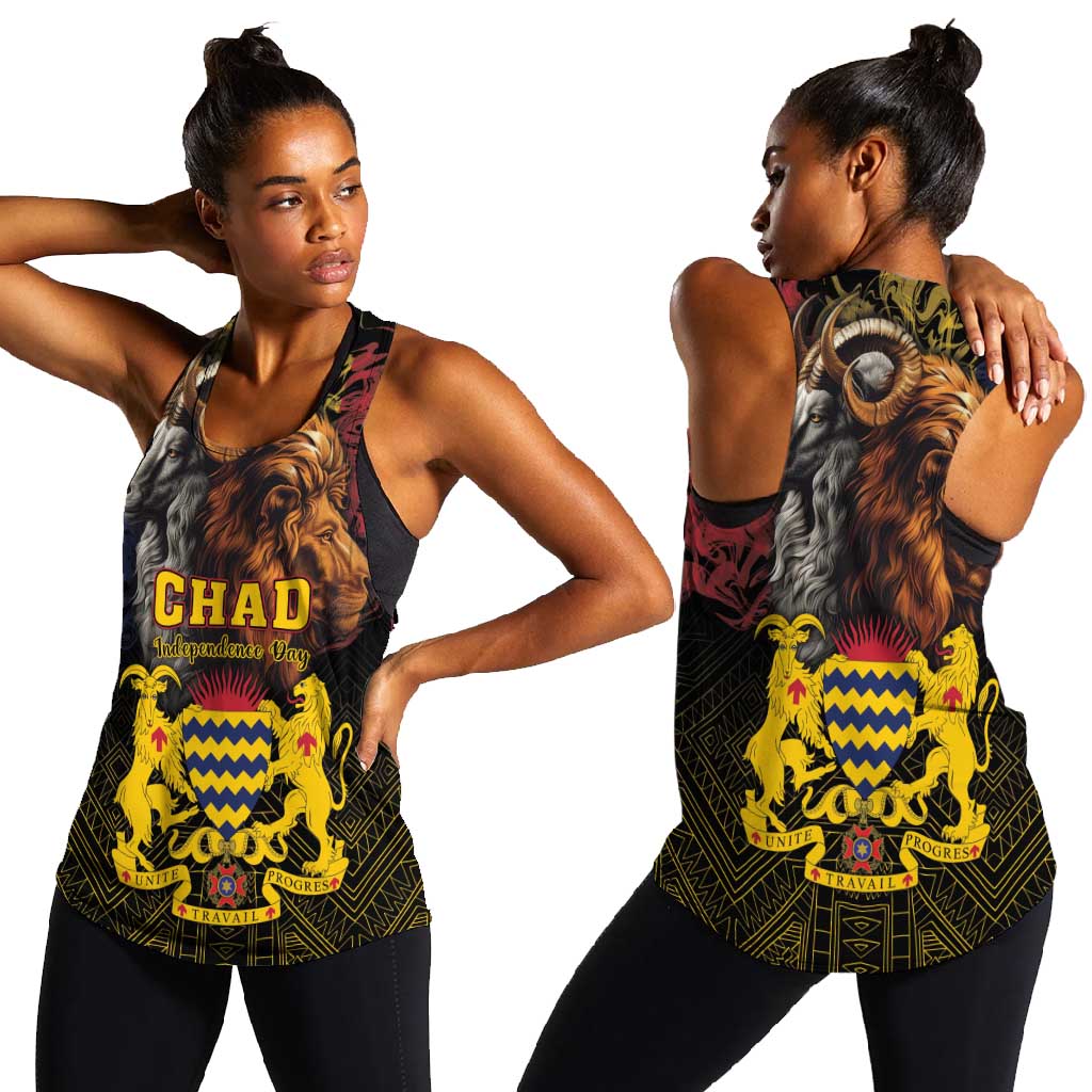 Chad Independence Day 1960 Women Racerback Tank Tchad Goat and Lion African Pattern