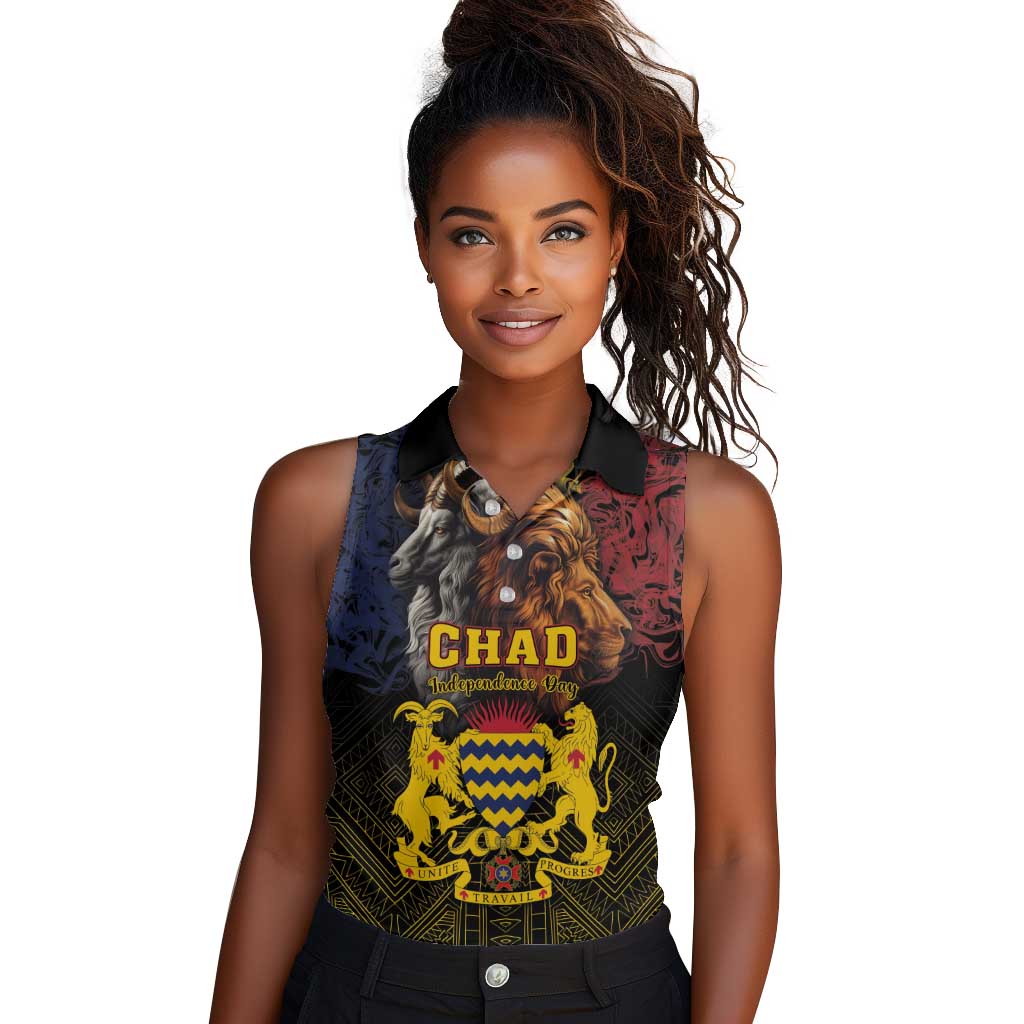 Chad Independence Day 1960 Women Sleeveless Polo Shirt Tchad Goat and Lion African Pattern