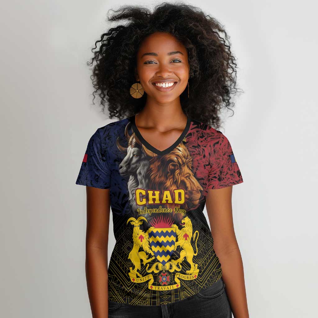 Chad Independence Day 1960 Women V-Neck T-Shirt Tchad Goat and Lion African Pattern