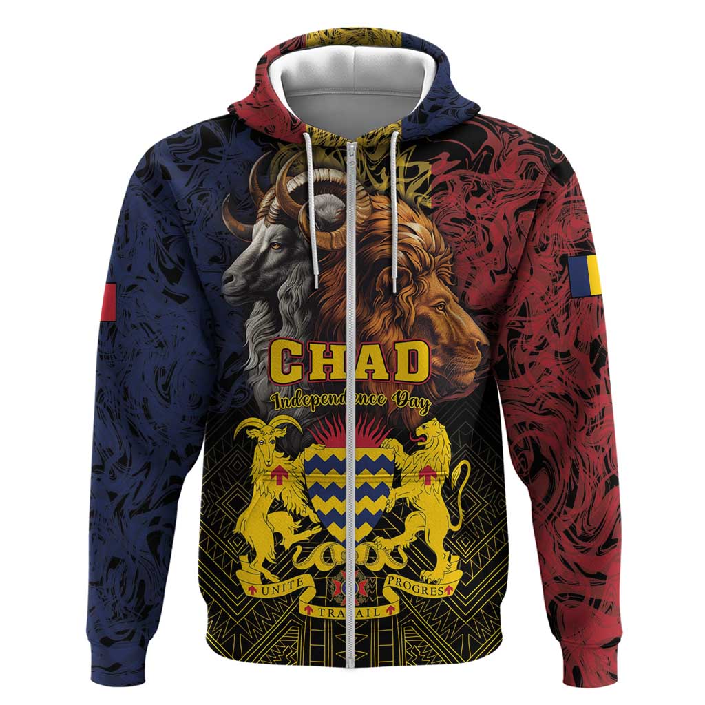 Chad Independence Day 1960 Zip Hoodie Tchad Goat and Lion African Pattern