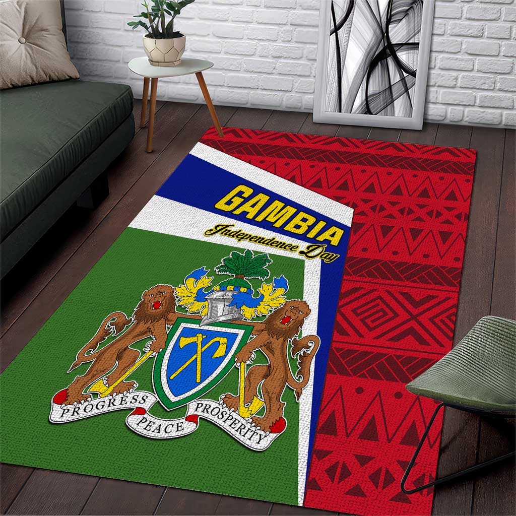 Gambia Independence Day Area Rug with Coat of Arms and African Pattern