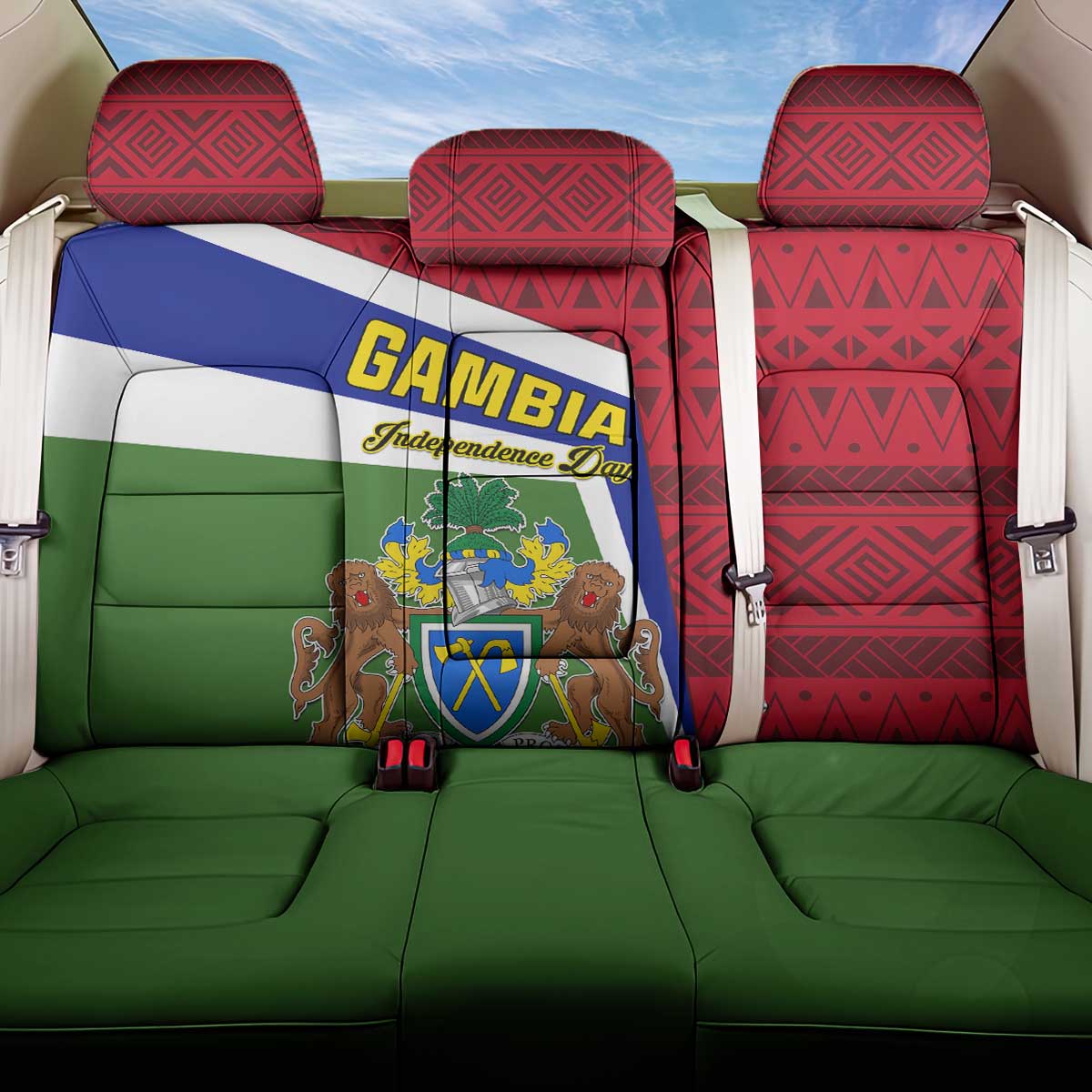 Gambia Independence Day Back Car Seat Cover with Coat of Arms and African Pattern