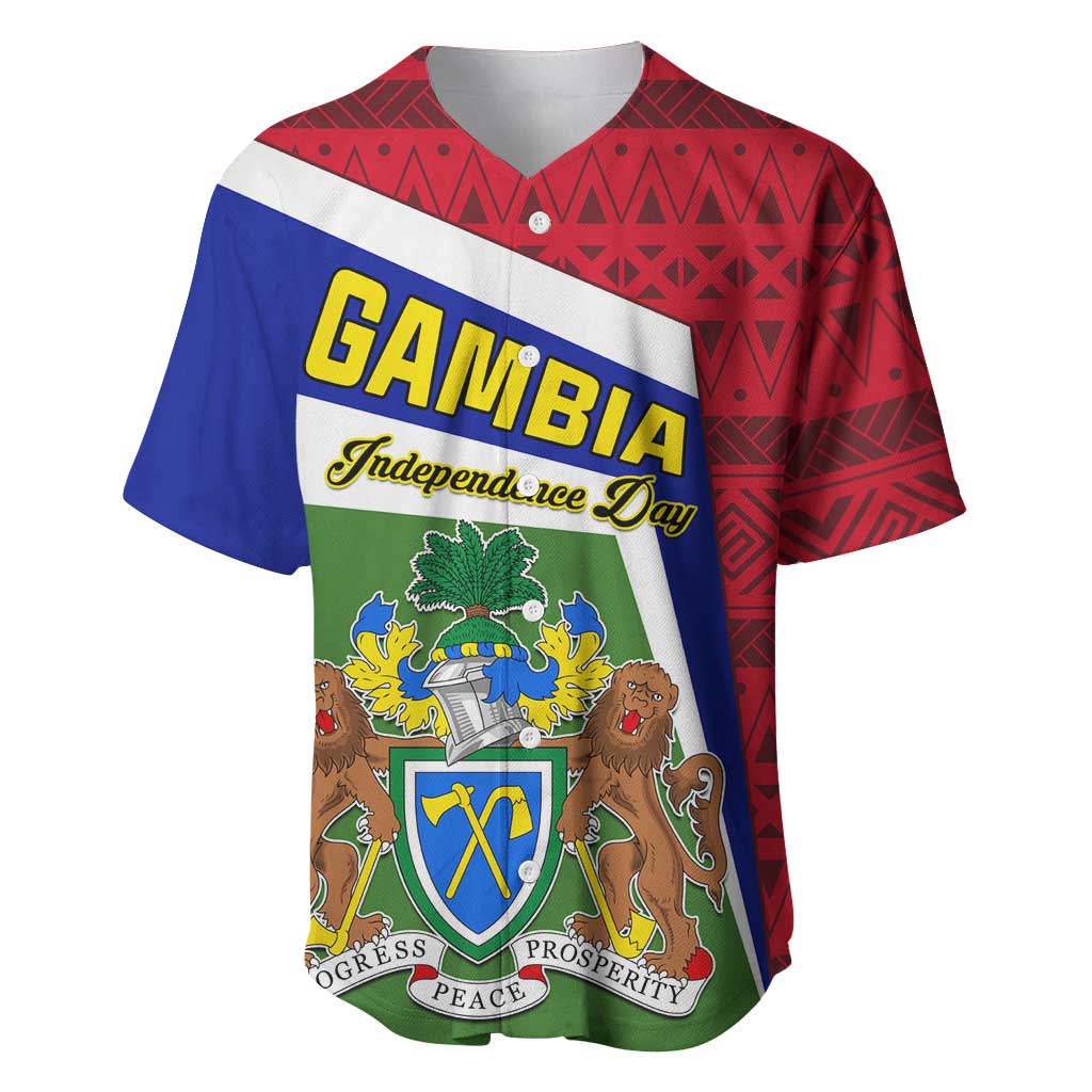 Gambia Independence Day Baseball Jersey with Coat of Arms and African Pattern