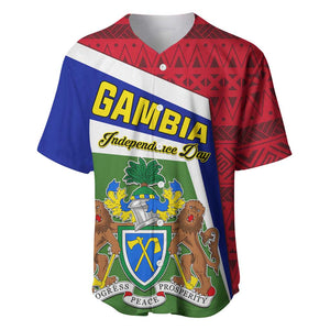 Gambia Independence Day Baseball Jersey with Coat of Arms and African Pattern