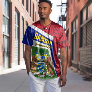 Gambia Independence Day Baseball Jersey with Coat of Arms and African Pattern