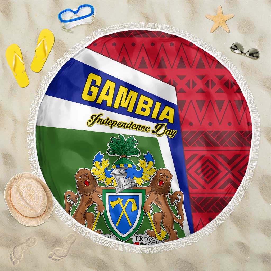 Gambia Independence Day Beach Blanket with Coat of Arms and African Pattern