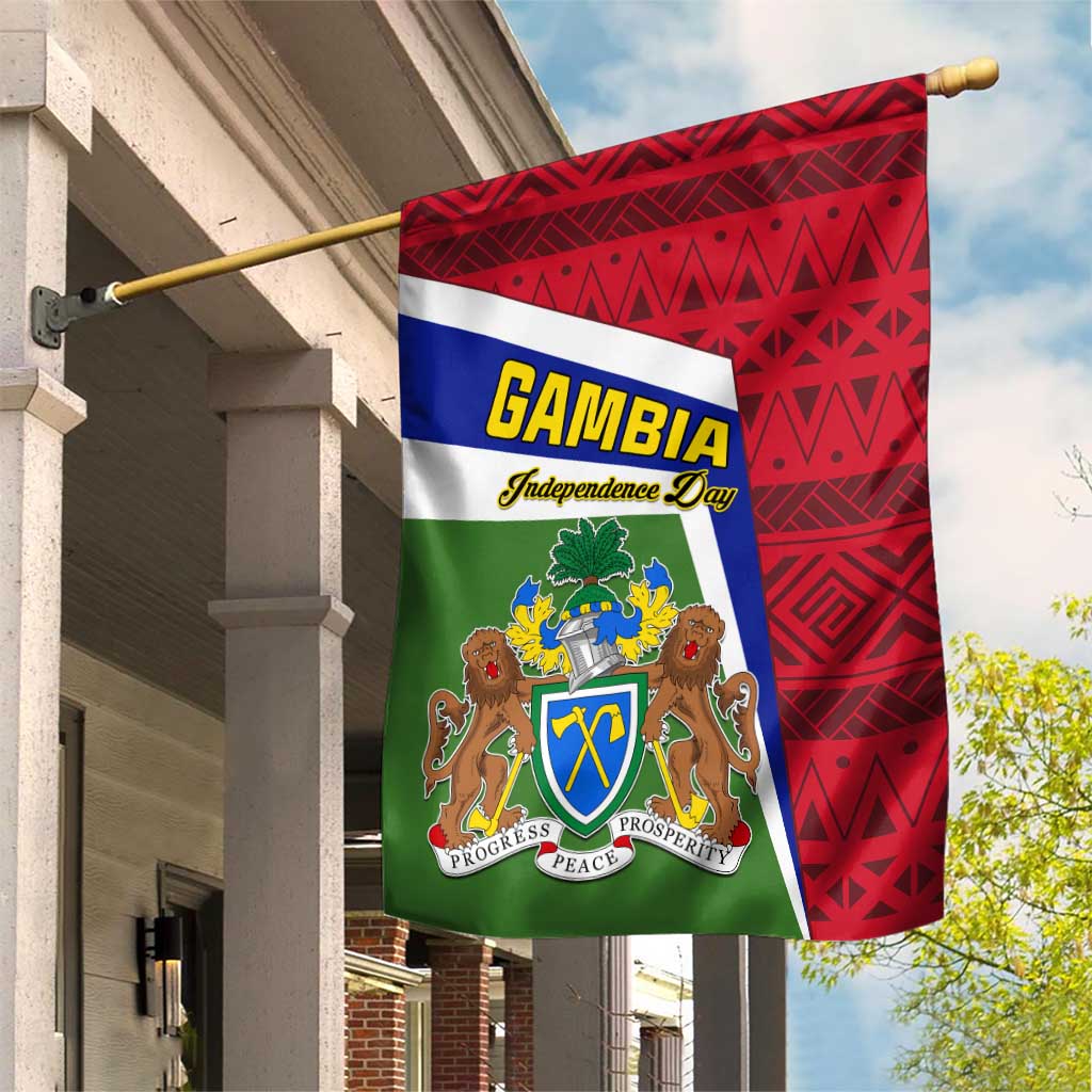 Gambia Independence Day Garden Flag with Coat of Arms and African Pattern