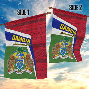 Gambia Independence Day Garden Flag with Coat of Arms and African Pattern