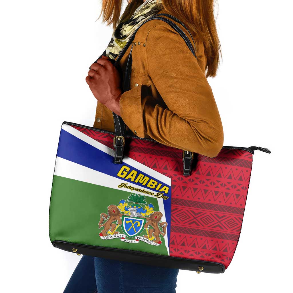 Gambia Independence Day Leather Tote Bag with Coat of Arms and African Pattern