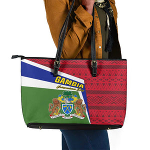 Gambia Independence Day Leather Tote Bag with Coat of Arms and African Pattern