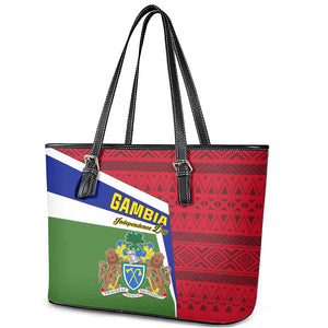 Gambia Independence Day Leather Tote Bag with Coat of Arms and African Pattern