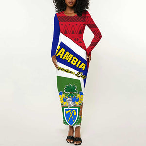 Gambia Independence Day Long Sleeve Bodycon Dress with Coat of Arms and African Pattern