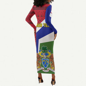 Gambia Independence Day Long Sleeve Bodycon Dress with Coat of Arms and African Pattern