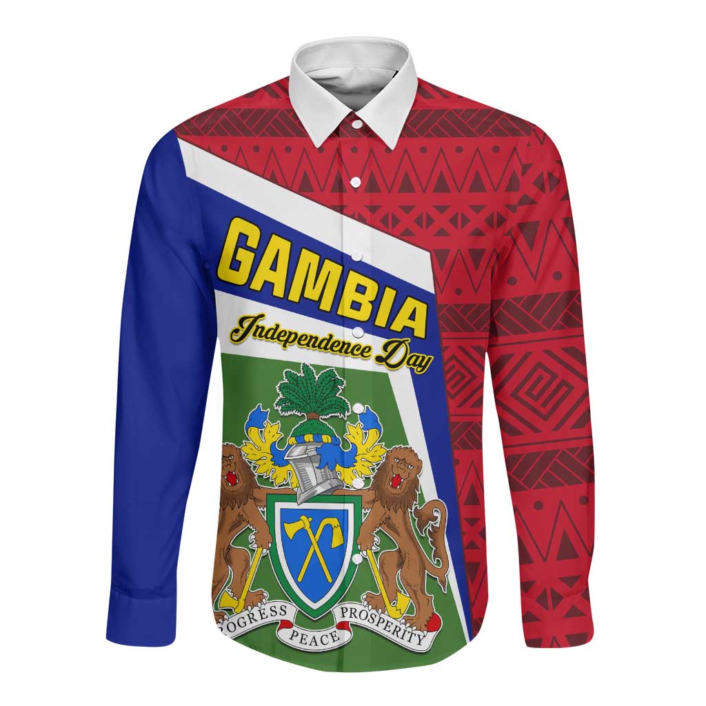 Gambia Independence Day Long Sleeve Button Shirt with Coat of Arms and African Pattern