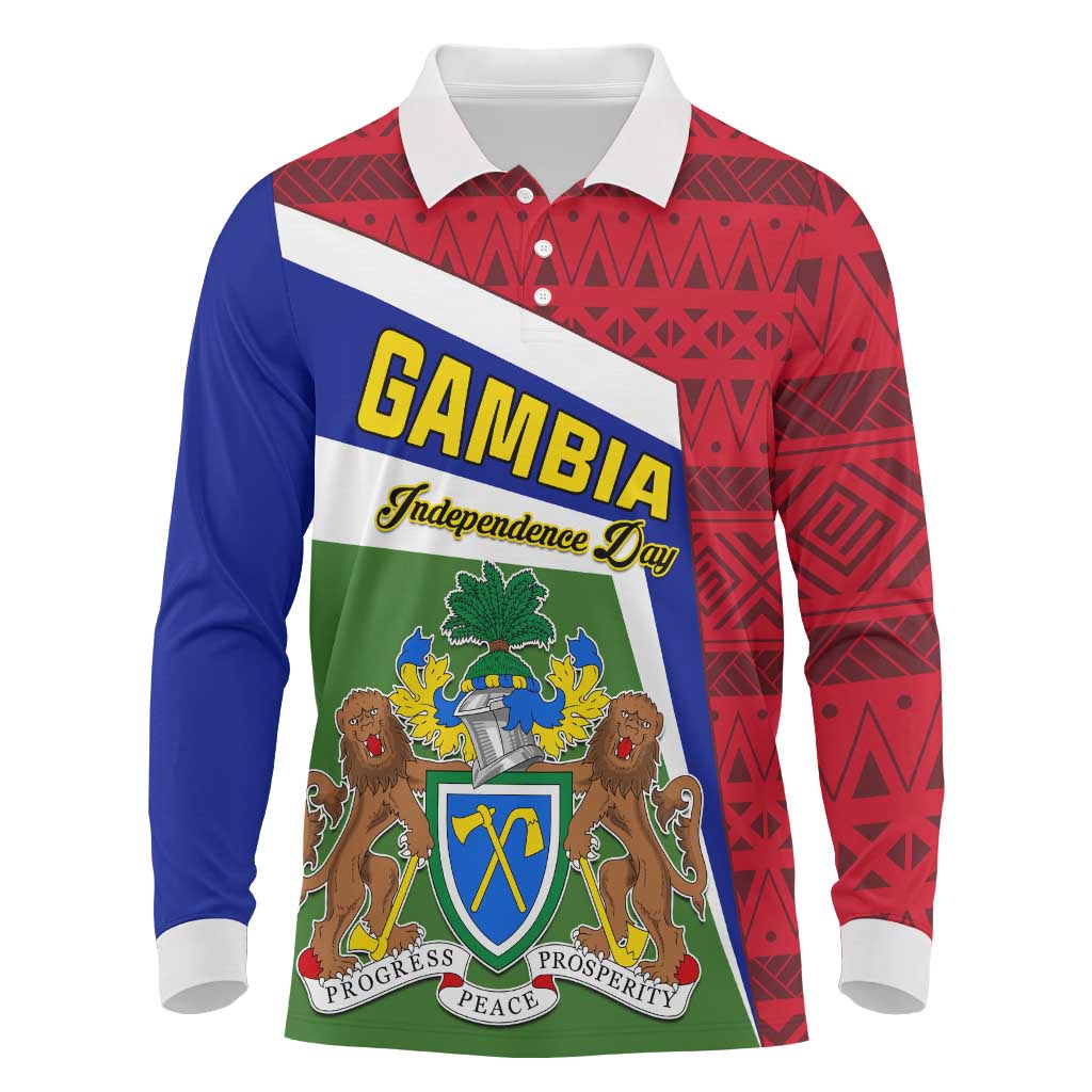 Gambia Independence Day Long Sleeve Polo Shirt with Coat of Arms and African Pattern