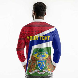 Gambia Independence Day Long Sleeve Polo Shirt with Coat of Arms and African Pattern