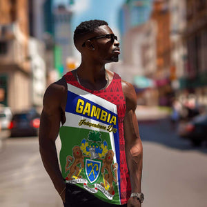 Gambia Independence Day Men Tank Top with Coat of Arms and African Pattern