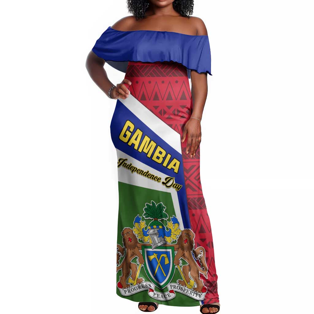 Gambia Independence Day Off Shoulder Maxi Dress with Coat of Arms and African Pattern