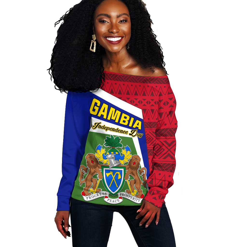 Gambia Independence Day Off Shoulder Sweater with Coat of Arms and African Pattern